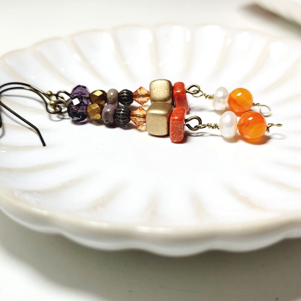 Orange Carnelian Antique Bronze Hooks Hidden Meaning earrings Meaningful  676■